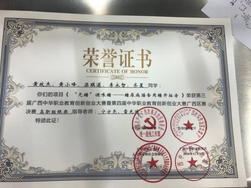 第三届广西中华职业教育创新创业大赛暨第四届中华职业教育创新创业大赛广西区赛决赛高职组银奖：《“无糖”调味糖——糖尿病膳食用糖开拓者》