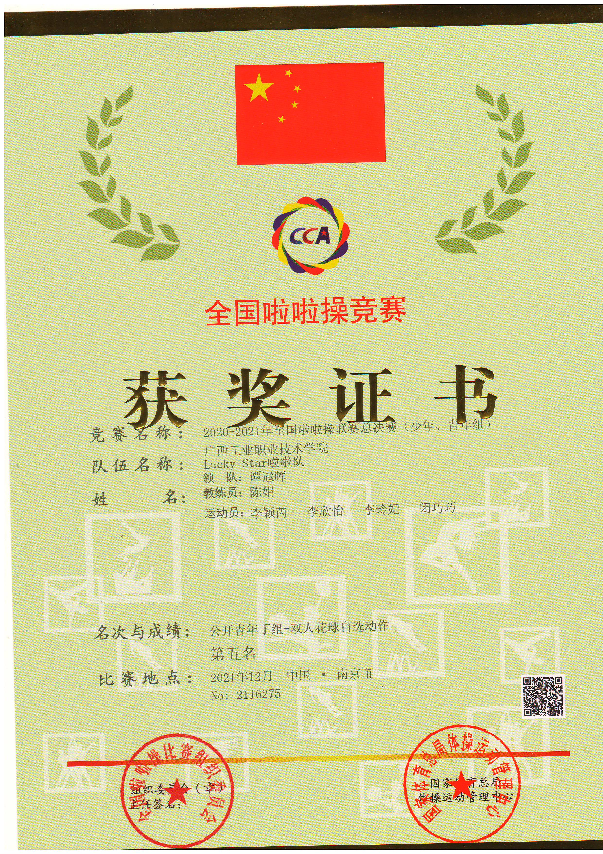 2020-2021年全国啦啦操联赛总决赛（少年组、青年组）公开青年丁组-双人花球自选动作第五名.JPG