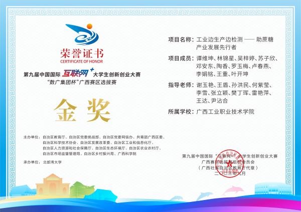 轻工化工学院教师党支部副书记谢玉艳同志等指导学生获第九届中国国际互联网+大学生创新创业大赛“数广集团杯”广西赛区选拔赛金奖