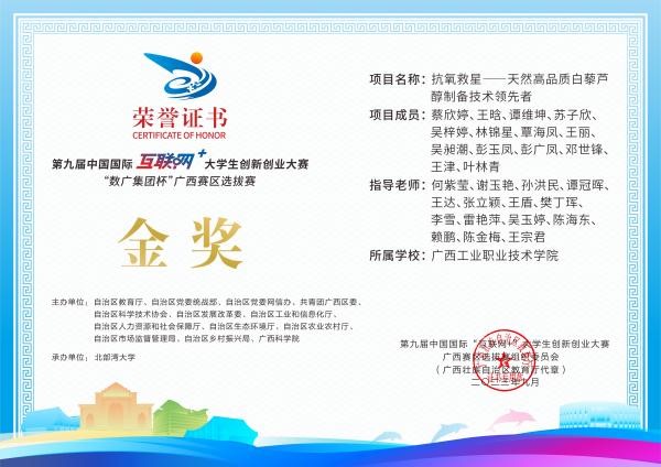轻工化工学院教师党支部何紫莹同志等指导学生获第九届中国国际互联网+大学生创新创业大赛“数广集团杯”广西赛区选拔赛金奖