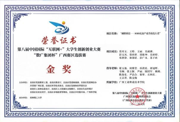 轻工化工学院教师党支部副书记谢玉艳同志等指导学生获第八届中国国际互联网+大学生创新创业大赛“数广集团杯”广西赛区选拔赛金奖